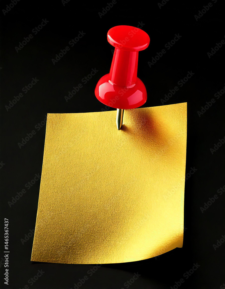 Poster yellow sticky note attached with red push pin on black. memo for business reminder or urgent message