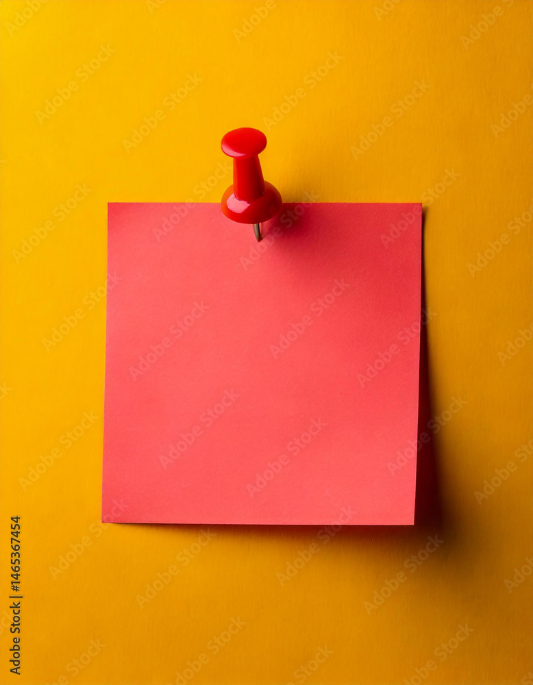 Aufkleber red sticky note attached to yellow background with push pin. reminder or memo concept with copy spac