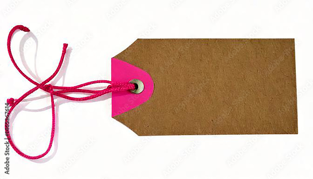 Aufkleber blank cardboard tag with pink reinforcement and string, ready for custom branding or pricing. isolat