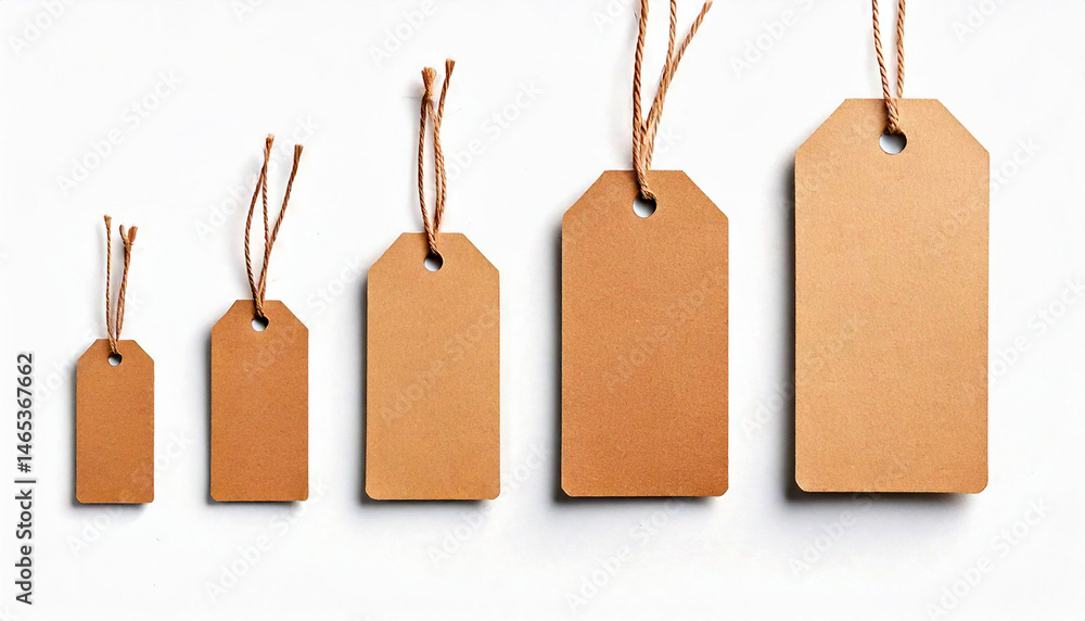 Poster five blank brown paper tags with string, arranged in ascending size order on a white surface. copy s