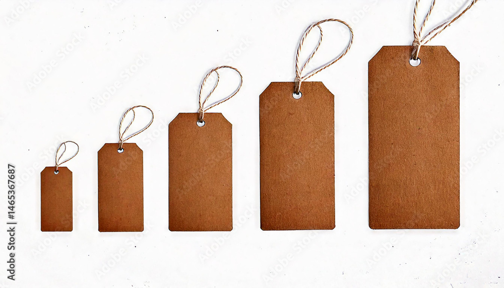 Poster a row of five brown paper tags with string ties, arranged in ascending size order against a white ba
