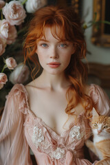 Romantic red-haired woman with porcelain skin and a vintage dress posing with a ginger cat near blooming roses in a classical interior
