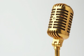 Close-up of a single gold microphone on white background, rap, accessory
