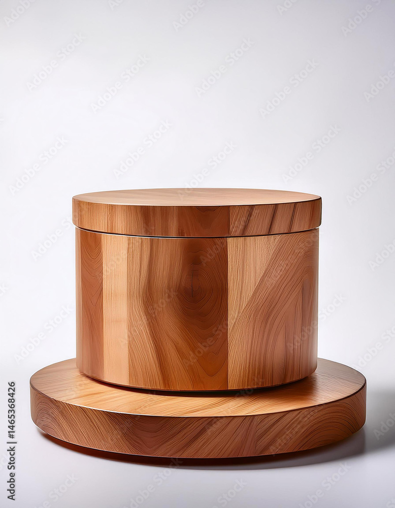 Poster round wooden container with lid on matching round base against white background. minimalist design w