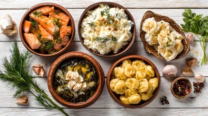 A captivating overhead view showcasing a diverse selection of appetizing and freshly cooked dishes.