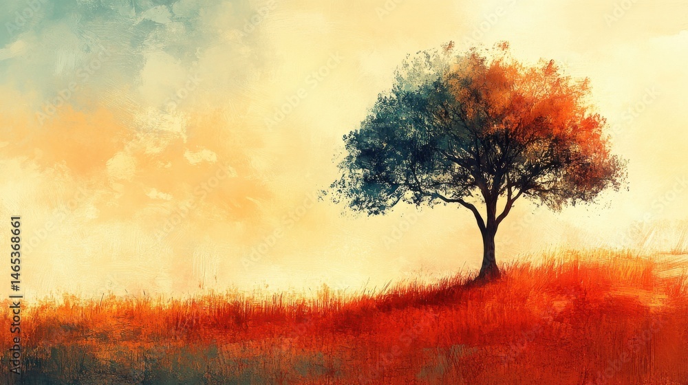 Poster an abstract, artistic tree positioned on the right side of the field, with bold, flowing lines and s