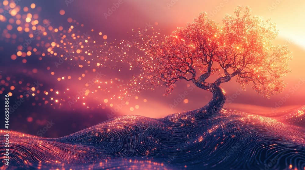Poster a unique, abstract tree placed on the right side of the field, with intricate patterns and glowing e