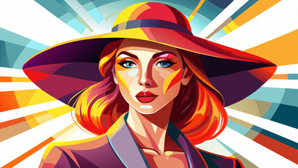 A stylish woman poses confidently in a wide-brimmed hat, highlighted by vibrant lighting with striking contrasts that evoke a sense of modern elegance and sophistication.