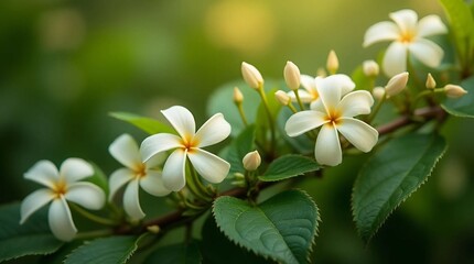 Fototapeta premium Delicate white jasmine flowers in full bloom on a branch, surrounded by vibrant green leaves in a close-up view