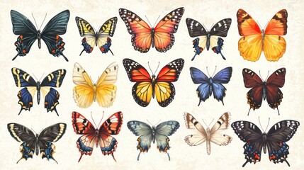 Illustration of different butterfly species with labeled names
