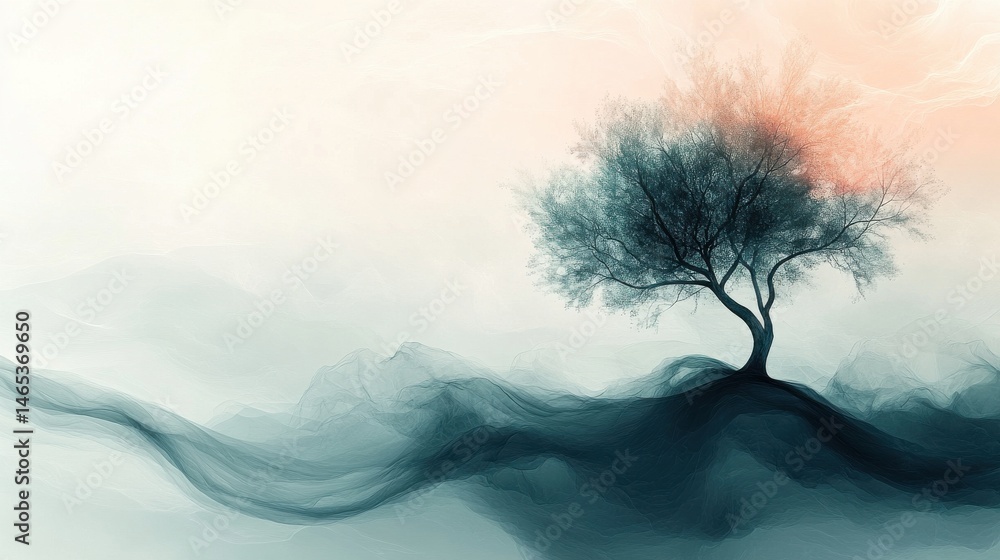 Poster a unique, abstract interpretation of a tree on the right side of the image, with organic shapes and 