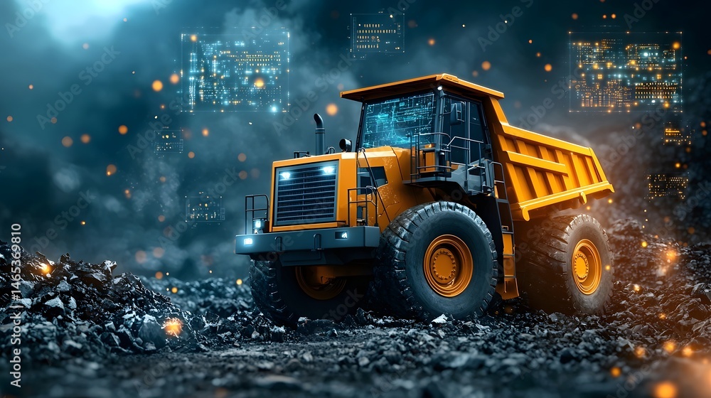 Poster a large powerful mining dump truck navigates through an open pit mining site with futuristic hologra
