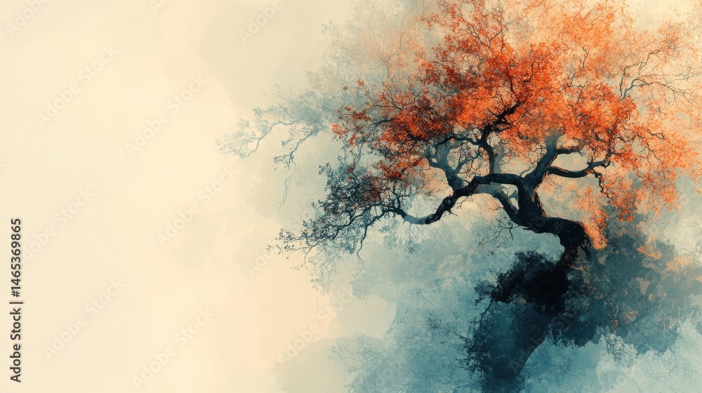 Poster a unique, abstract interpretation of a tree on the right side of the image, with organic shapes and 