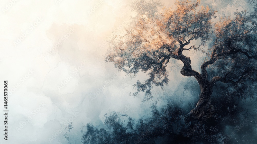 Poster a unique, abstract interpretation of a tree on the right side of the image, with organic shapes and 