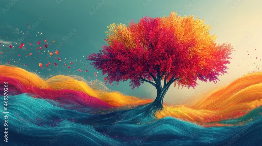 Poster a surreal, abstract tree with vibrant colors and flowing forms, placed on the right side of the fiel