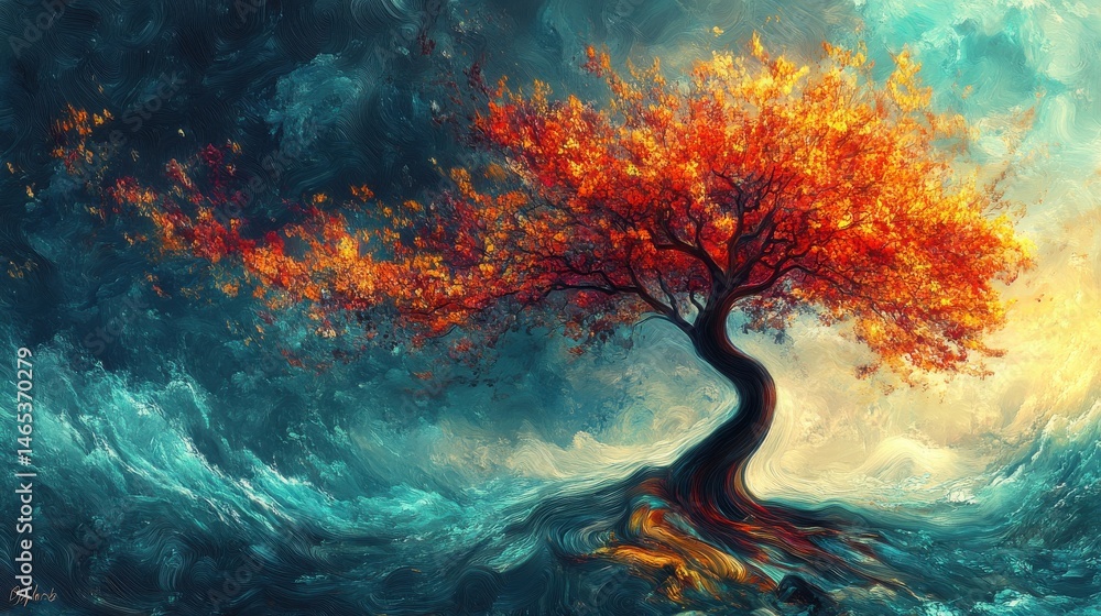 Poster a surreal, abstract tree with vibrant colors and flowing forms, placed on the right side of the fiel