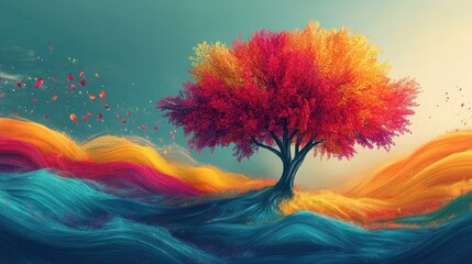 A surreal, abstract tree with vibrant colors and flowing forms, placed on the right side of the field, creating an ideal area on the left for text or graphics 