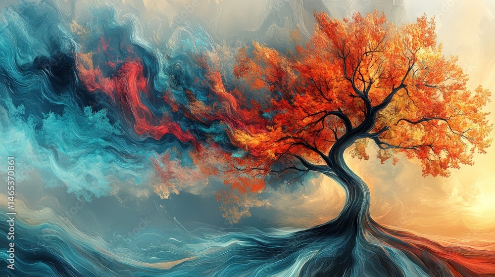 Poster a surreal, abstract tree with vibrant colors and flowing forms, placed on the right side of the fiel