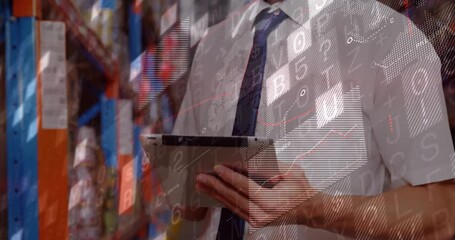 Warehouse manager scanning inventory in warehouse aisle, displaying digital charts and data overlay - Powered by Adobe