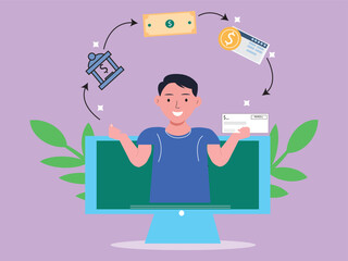 Flat vector illustration of Salary payment, Online payroll on Computer screen and calculator calculation flat cartoon.Financial and Business concept.