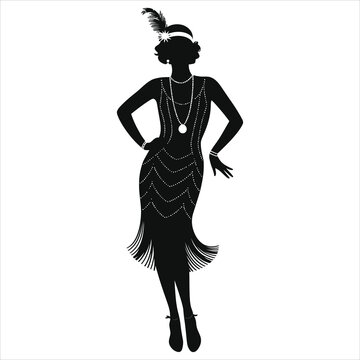 Elegant 1920s Flapper Vector Silhouette in a Stylish Dress/A striking black and white silhouette of a 1920s flapper woman, showcasing a glamorous dress adorned with decorative elements and jewelry.