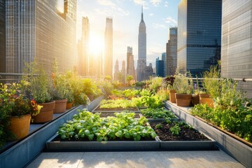 Fototapeta premium Urban rooftop garden with city view at sunset.