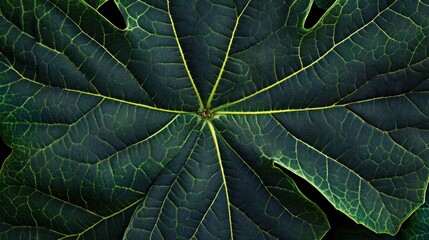 Close-up of a vibrant dark green leaf, showcasing intricate veins and textures