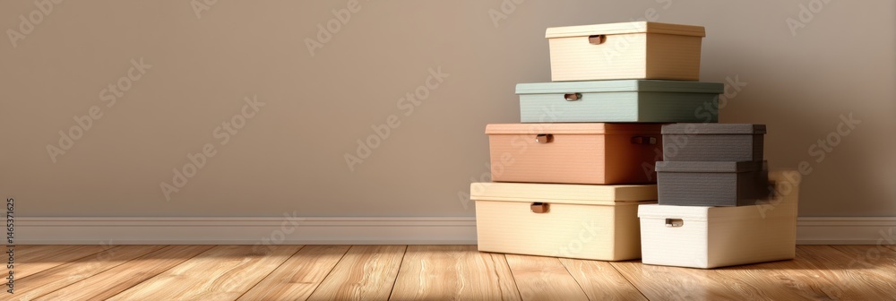 Poster storage boxes arranged on wooden floor creating an organized and practical space in a minimalist set