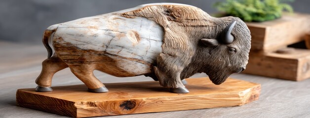 A unique wooden bison sculpture with unpolished texture rests on light wood, contrasting against a soft grey background