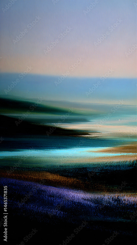 Poster serene pastel abstract landscape with soft gradient layers, creating a woolgathering esthetic scene.