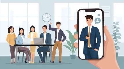 Flat design illustration of a video call in an office.