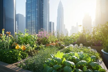 Fototapeta premium Urban rooftop garden amidst towering city buildings.