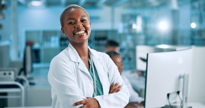 Laboratory, woman and portrait with smile for arms crossed, medical research and about us with pride. Healthcare, female person and scientist with confidence for science or pharmaceutical development