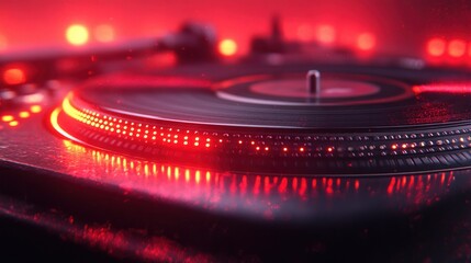 Close-up view of a turntable with vibrant red lights, highlighting the spinning disc and glowing LED lights