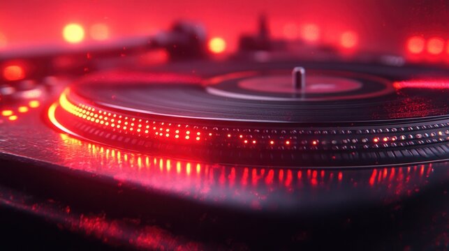 Close-up view of a turntable with vibrant red lights, highlighting the spinning disc and glowing LED lights