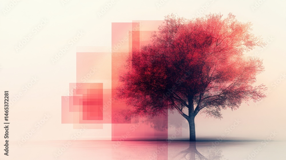 Poster a modern abstract tree on the right side of the image, using soft gradients and geometric shapes, cr