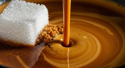 Pouring espresso with sugar cubes and brown sugar for a sweet coffee drink recipe and coffee art design