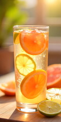 Refreshing Citrus Drink with Orange and Lemon Slices against Sunlight Glow