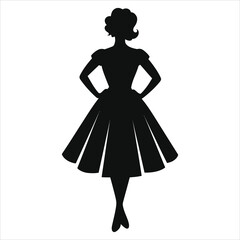 Elegant Vector Silhouette of a Woman in Retro Dress(1950s swing dress)/A simple, elegant silhouette of a woman wearing a 1940s-style dress.