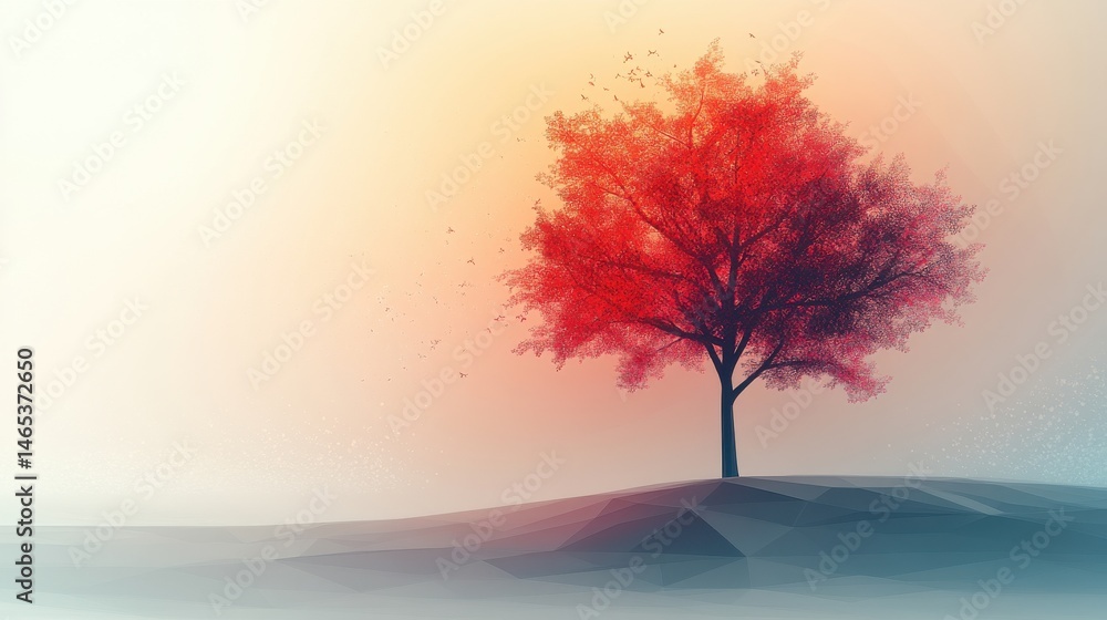 Poster a modern abstract tree on the right side of the image, using soft gradients and geometric shapes, cr