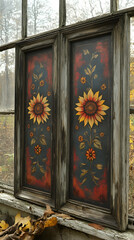 Rustic sunflower panels on aged window frames