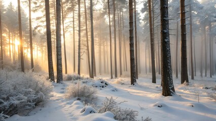 Naklejka premium Serene winter forest landscape at sunrise with snow-covered trees and golden mist creating a peaceful, magical atmosphere