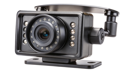 Close up of a black surveillance camera with infrared LEDs and mounting bracket