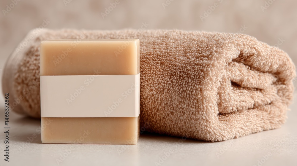 Aufkleber Luxurious Soap and Soft Towel Resting on a Clear Beige Background for a Relaxing Spa Experience at Home Generative AI