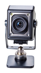 Closeup of a squareshaped security camera on a black background