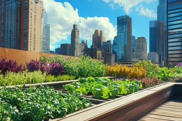 Fototapeta premium Urban rooftop garden with city view in sunny day.