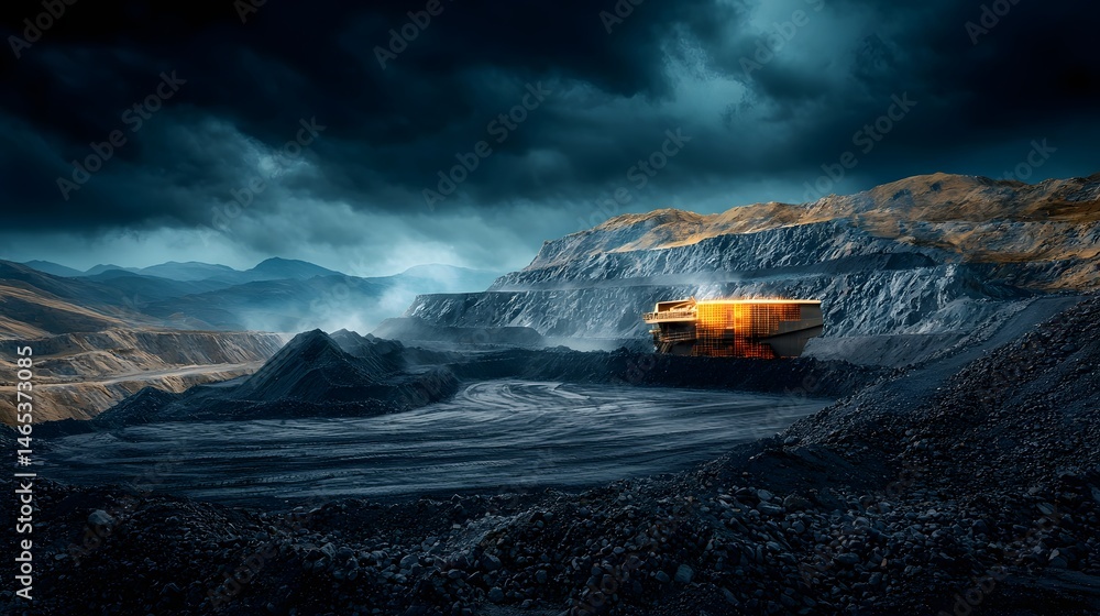 Poster a panoramic view of an open pit mining quarry set against a backdrop of towering mountains and an om