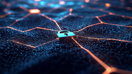Digital padlock, network lines, glowing dots, global cybersecurity visual, blue matrix