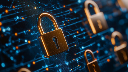 Digital padlock, network lines, glowing dots, global cybersecurity visual, blue matrix