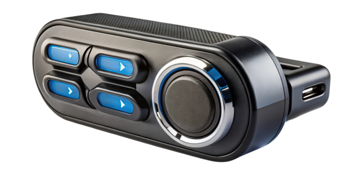 Close up of a sophisticated car accessory with blue accent buttons
